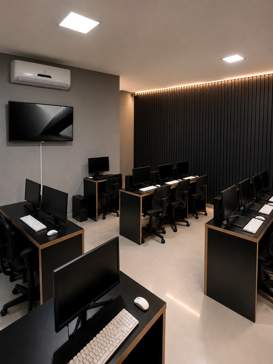 Sala de treinamento com estações de computadores e ripado de madeira