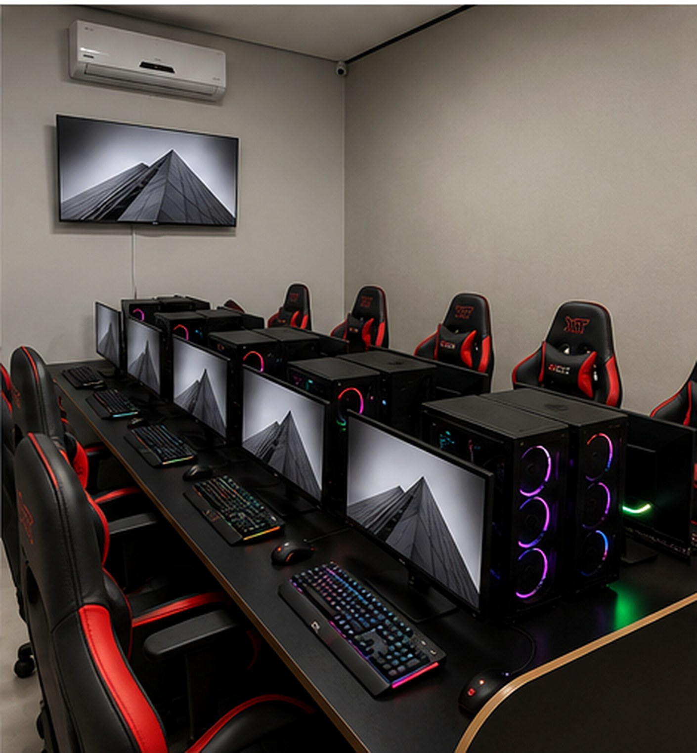Sala operacional com estações de computadores para backoffice e atendimento