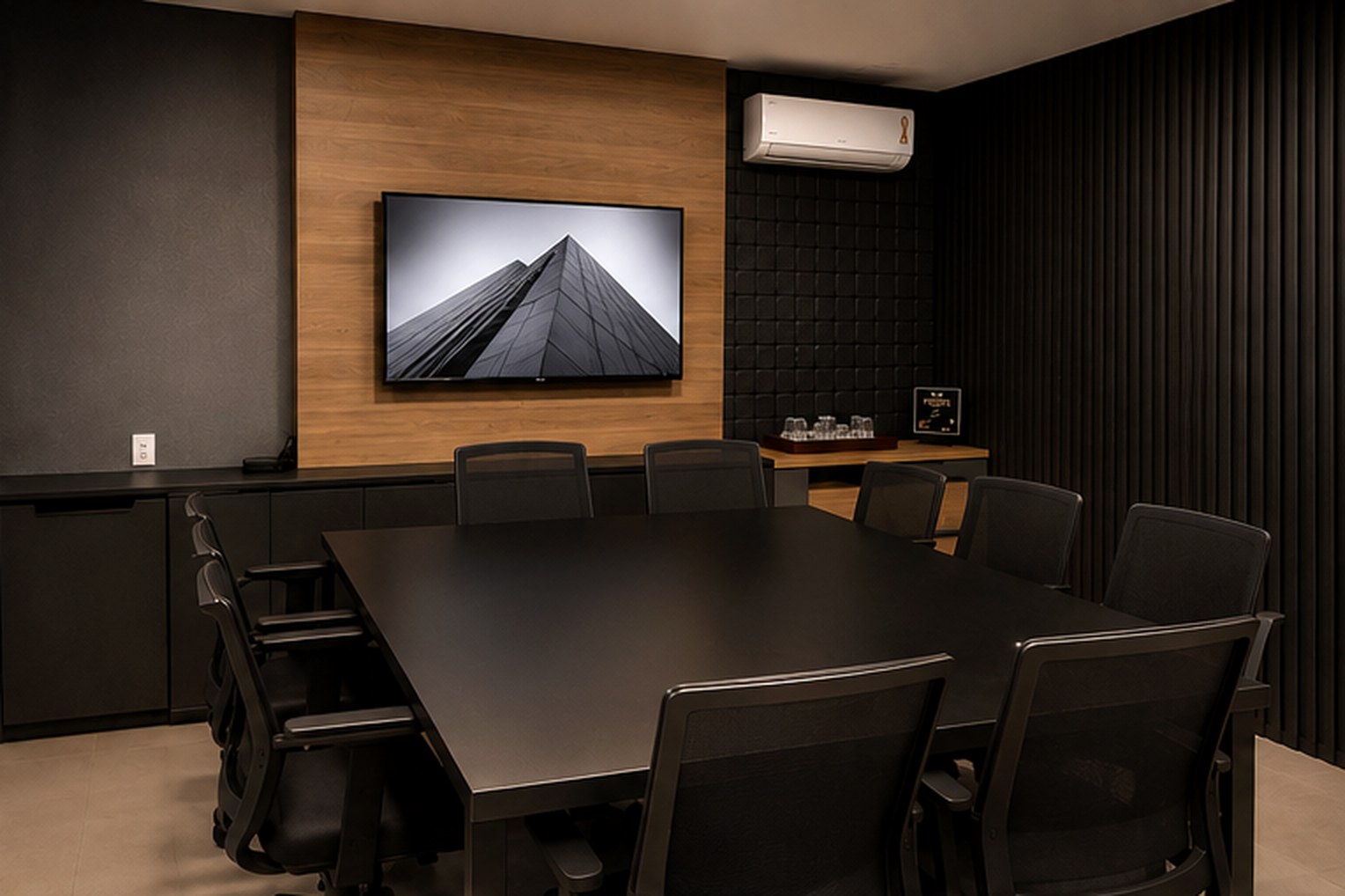 Sala de reunião da Savassi Corporate com mesa corporativa e televisão